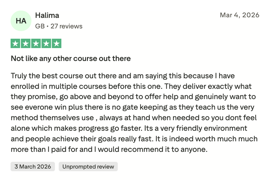 Trustpilot 5 star review from Halima