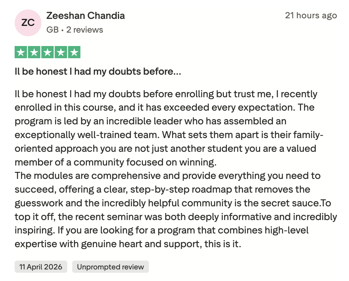 Trustpilot 5 star review from Zeeshan Chandia